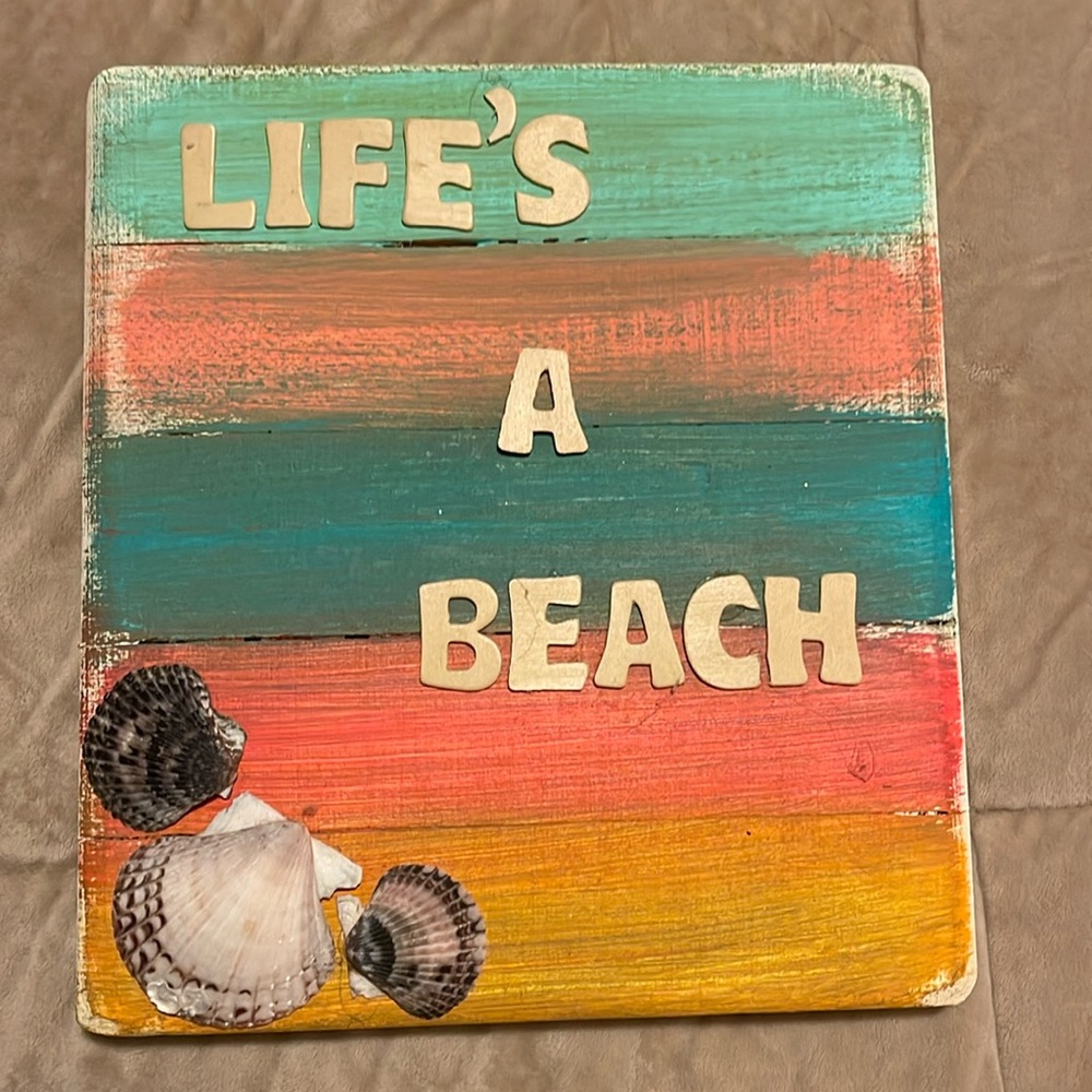 Cute beachy wall hanging.  Teals, whites, yellows and pinks.